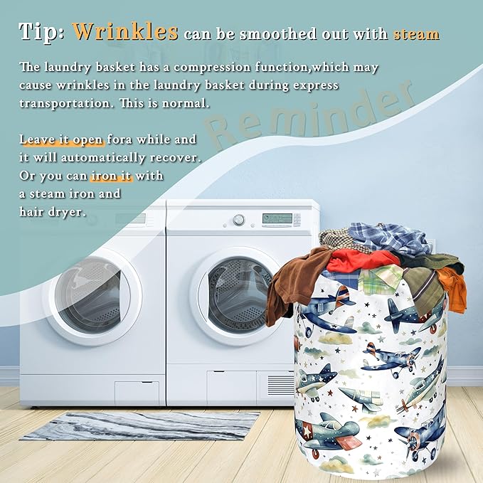 Watercolor Plane Laundry Basket Foldable Cartoon Laundry Hamper Oxford Cloth Plane Printed Colorful Tote Bag Clothes Toy Storage Bucket For Bathroom/Laundry Storage/Bedroom 18.9x16.5 Inch