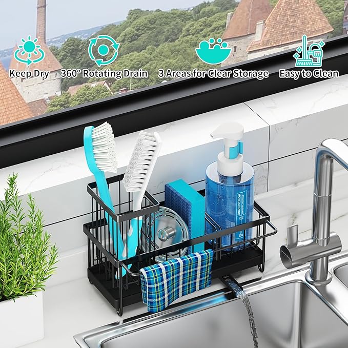 Godboat Sponge Holder for Kitchen Sink - Stainless Steel Sink Caddy Organizer with Towel & Brush Rack, Auto-Drain & 360° Swivel Spout, Bathroom Organizer for Soap Dispenser, Black (9.25" W X 4.1" D)