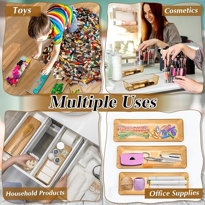 Maitys 12 Pcs Clear Drawer Organizer 9 x 3 x 2 Inches Plastic Rectangle Trays Makeup Vanity Storage Bins and Kitchen Drawers Dividers for Office Desk Silverware Kitchen Utensils(Champagne)