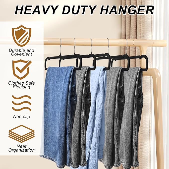 Velvet Pants Hangers Non Slip, 30 Pack Velvet Hangers for Closet with 30 Hooks, Strong Durable Space Saving Slim Clothes Hanger, Ultra Thin Flocked Hanger for Pants, Shirts, Bra, Shorts (Black)