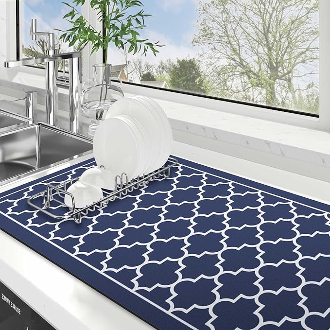 WISELIFE Dish Drying Mat Super Absorbent Drying Mat Large Dish Drying Mats for Kitchen Counter Easy Clean Dish Mat Kitchen Drying Mat18"x 32" Stylish Blue