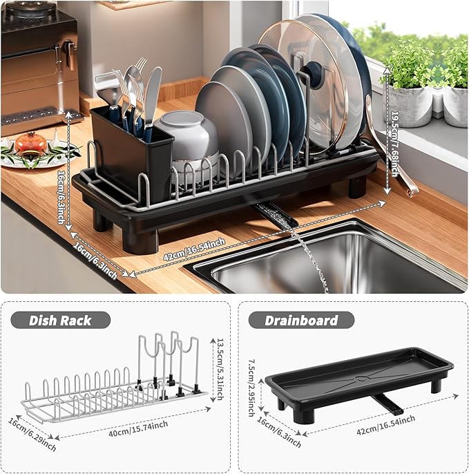 SanDream Small Dish Drying Rack with Removable Utensil Holder & Anti-Scratch Base - Stainless Steel Dish Rack, Dish Drying Rack with Drainage & Space Saving Design for Kitchen Counter, Black