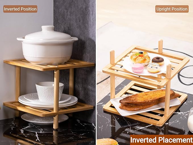 2-Tier Cabinet Organizer Shelf - Bamboo Corner Rack for Kitchen Counter, Cabinet Space Saver for Plates, Dishes, Bowls, Bread - Pantry and Bathroom Storage or Countertop(1, 6.7" H-Large)