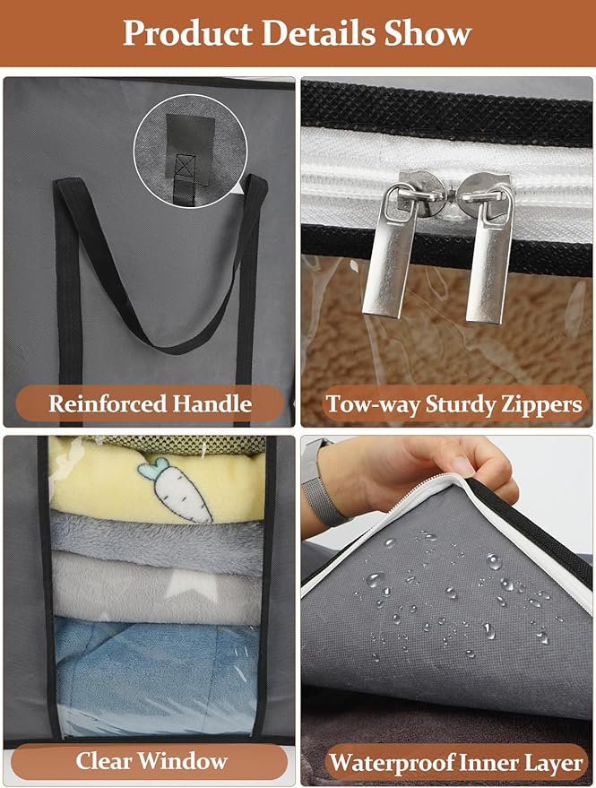 punemi 120L Blanket Storage Bags, Foldable Clothes Storage Organizer with Zipper, Reinforced Handle & Clear windows, Large Storage Bags for Blanket, Comforter, Bedding, Pillow, Clothes, 3Pack, Gray