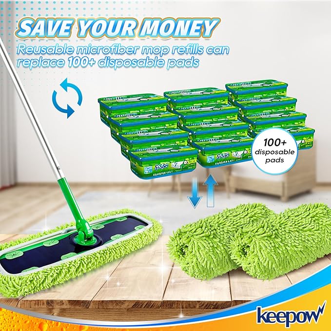 KEEPOW Reusable XL Mop Pads Compatible with Swiffer XL Sweeper, XL Dry Sweeping Cloths, XL Wet Mopping Cloths, Washable Microfiber XL Wet Pads Refills for Surface/Hardwood Floor Cleaning, 8 Pack