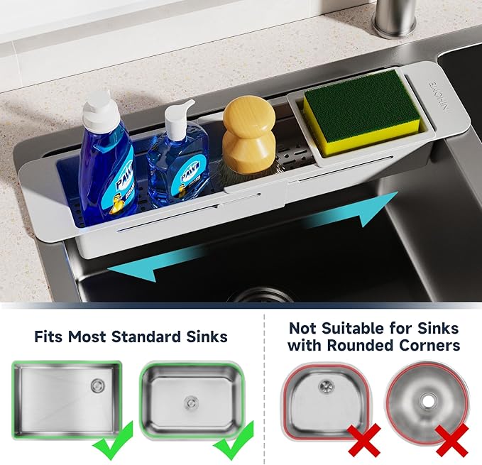 NiHome Extendable Over Sink Kitchen Organizer, Small Telescopic Brush Storage Rack for Sponge, Non-Slip Pads Expandable Sink Caddy, Adjustable Sponge/Brush Rack with Drainage Durable ABS (Gray)