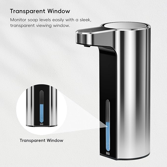 EKO Aroma 9 fl oz Automatic Liquid Soap Dispenser, Rechargeable & Water-Resistant for Kitchen and Bathroom with Adjustable Soap Dispensing Volume Control (Chrome Metallic)