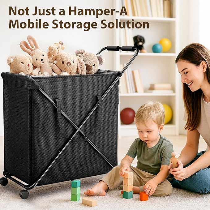 Laundry basket with Wheels 43 Gal (160L), Large & Tall Rolling Laundry Hamper, Metal Frame, Handle, and Removable Water-Resistant Bag, Suitable for Laundry Room, Bedroom (Black)