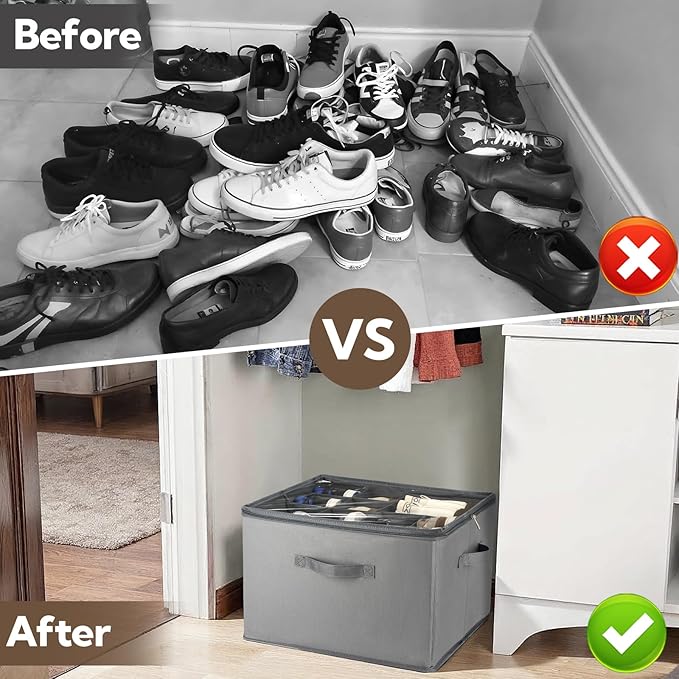 Shoe Organizer for Closet, 2 Pack Foldable Shoe Storage Bins with Clear Cover and Adjustable Dividers, Fits up to 16 Pairs, Large Shoe Box Storage Containers with Reinforced Handles (grey)