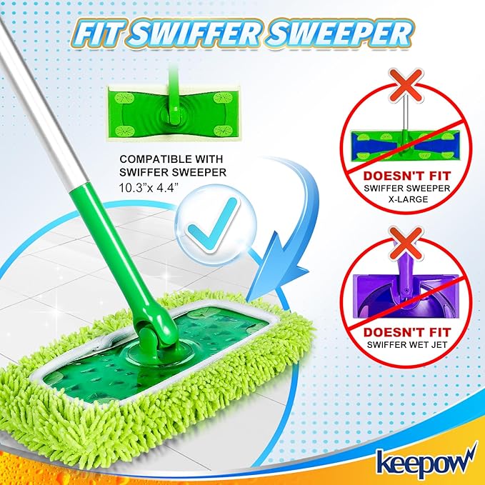KEEPOW Reusable Dry Sweeping Cloths Compatible with Swiffer Sweeper, Wet Mopping Cloths Washable Microfiber Mop Pads Refills for Hard-Surface/Hardwood Floor Cleaning, 2-Pack (Mop is Not Included)