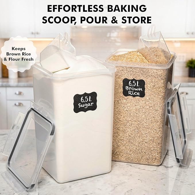 WHITE FEATHER SUPPLIES 2 PC [6.5L / 220 Oz] Large Food Storage Containers with Lids Airtight - BPA Free Clear Plastic Kitchen and Pantry Storage Containers, Bulk Storage for Cereal, Flour, Sugar, Rice