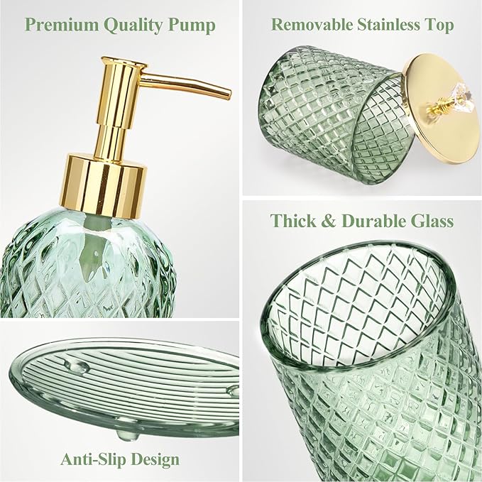 Green Bathroom Accessories 4Pcs of Glass Bathroom Counter Organizer Set,Toothbrush Holders, Soap Dispenser, Apothecary Jar, Vanity Tray, Bathroom Decor Gifts
