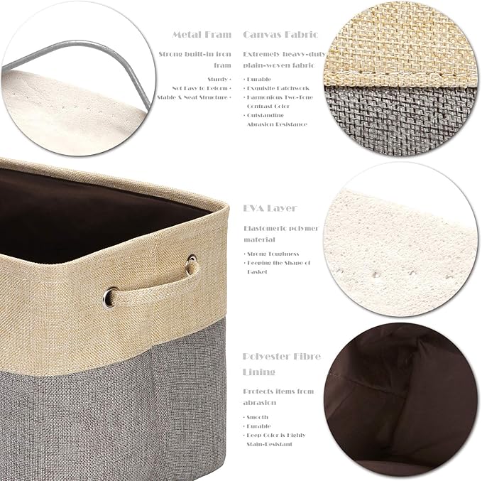 Sea Team 3-Pack Large Storage Basket Set, Trunk Organizer, Clothes Toys Bin, 15 x 10 x 10 Inches, Big Rectangular Canvas Fabric Collapsible Shelf Box with Handles for Kids Room (Grey/Beige)