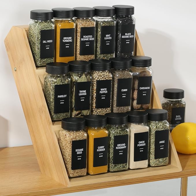 48 Glass Spice Jars with Labels,Spice Jar Set,4oz Seasoning Containers,Spice Containers with Black Airtight Lids and Shaker Lids,Square Empty Spice Bottles, 492 Labels,1 Funnel