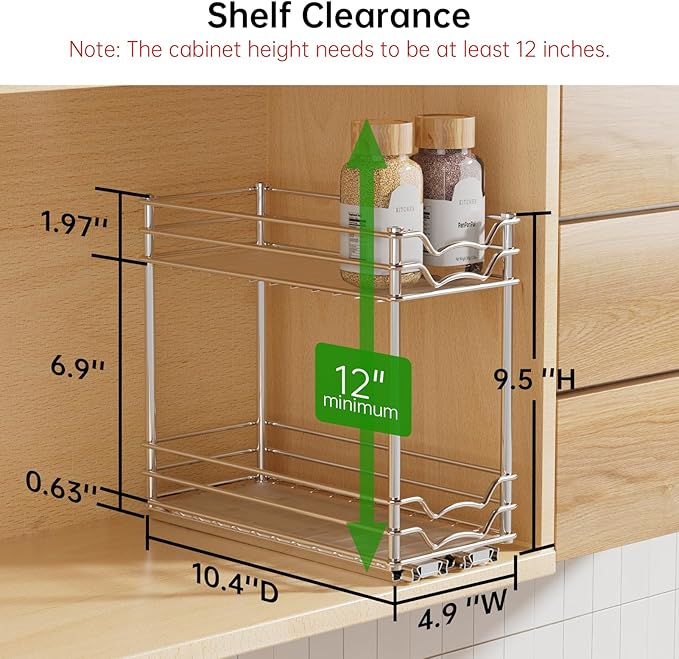 Pull Out Spice Rack Organizer for Inside Cabinet, 2 Tier Slide Out Spice Organization for Cabinet, Chrome Vertical Sliding Seasoning Organizer, 4.9'' Wx10.4'' Dx9.5'' H