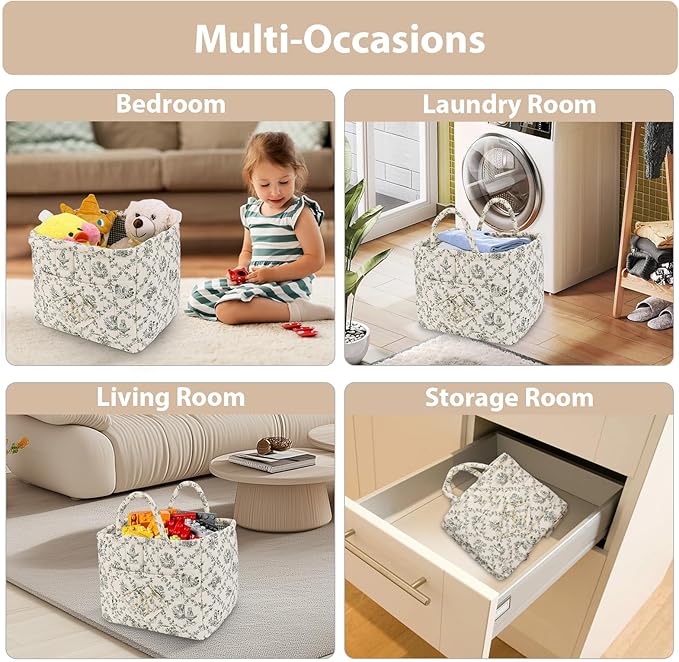 Storage Basket Boho Fabric Large Collapsible Floral Laundry Nursery Hamper Portable Folding Storage for Clothes Toys (Vine-Green)