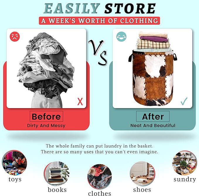 Retro Cows Print Laundry Basket Cow Cowhide Brown Funny Laundry Hamper Foldable Oxford Cloth Animal Tote Bag Clothe Toy Storage Bucket 18.9"x16.5"For Bathroom/Laundry Storage/Bedroom