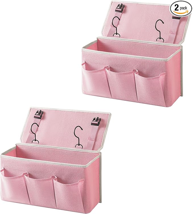 Bedside Caddy / Bedside Storage Organizer Hanging Bag with Three Options,Suitable for home beds, sofas, and dormitory beds—can hold magazines, books, phones, iPads, remote controls. (2-Pack Pink)