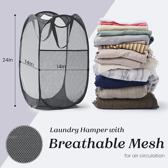 TECHMILLY Collapsible Mesh Pop Up Laundry Hamper with Sturdy Handles and Side Pocket - Portable Foldable Clothes Baskets for Dorm, Bathroom & Travel Storage (Grey, 2 Packs)