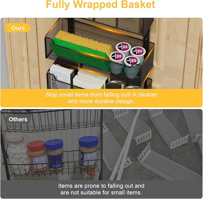 Over the Door Organizer, 8-Tier Pantry Organizer with Fully Enclosed Mesh Baskets, Heavy-Duty Metal Hanging Spice Rack for Kitchen Bathroom Laundry Room, 2-in-1 Wall Mount or Door Mount, Black