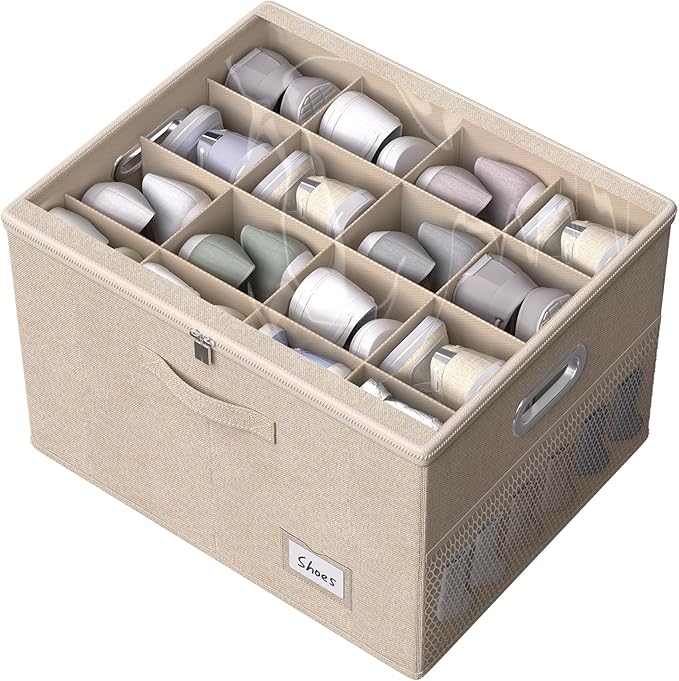 Shoe Organizer for Closet, Large Shoe Box Storage Containers with Clear Window, Space Saving Shoe Bin with Foldable Bottom Support Adjustable Dividers - Fits 16 Pairs (Beige, (19.7*15.7*13)x1)