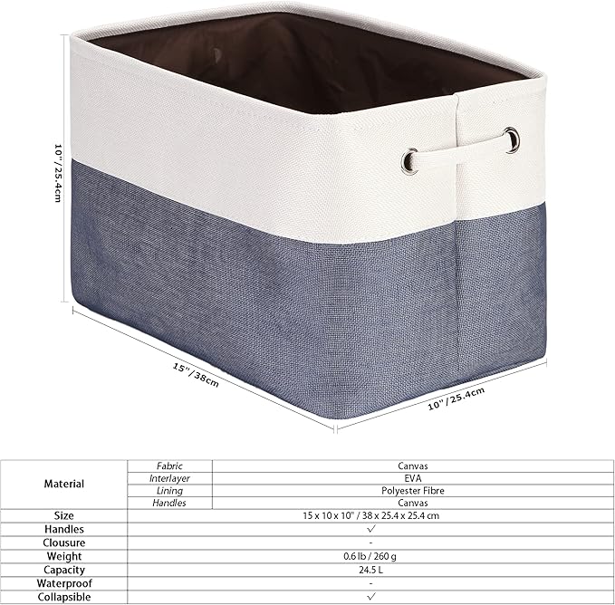 Sea Team 3-Pack Large Storage Basket Set, Trunk Organizer, Clothes Toys Bin, 15 x 10 x 10 Inches, Big Rectangular Canvas Fabric Collapsible Shelf Box with Handles for Kids Room (Denim/White)
