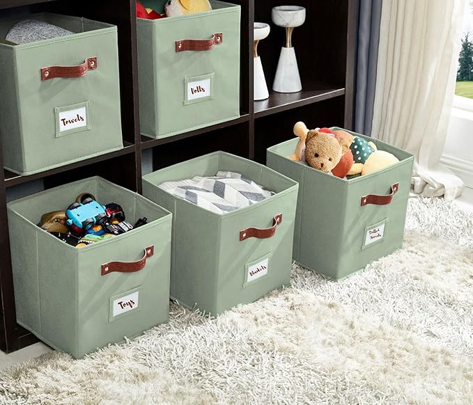 DECOMOMO Storage Bins, Cube Storage Bin with Labels, Fabric Storage Cubes for Shelves (10.5" x 11" / 2pcs, Sage Green)