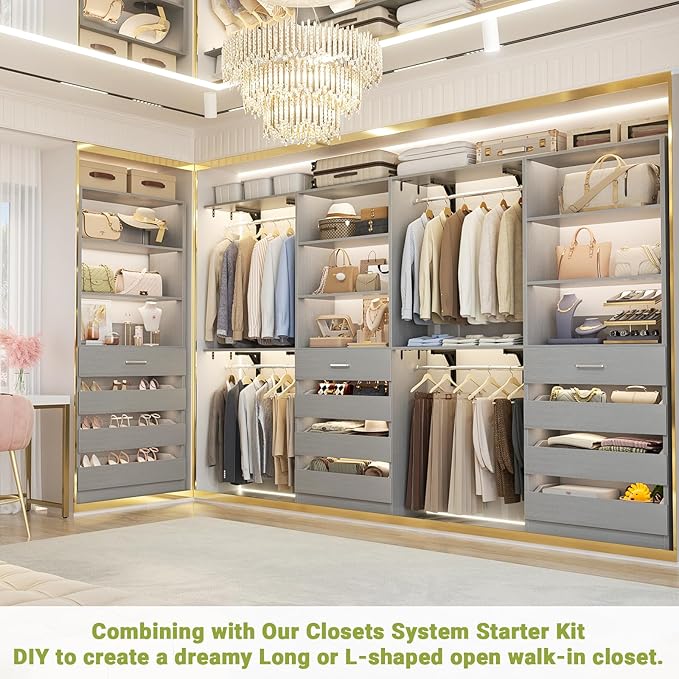 Aheaplus 21.3" Closet System with 4 Drawers, Wood Closet Organizer with Open Shelves, Modular Drawers System Tower, Walk-in Closet Small Wardrobe Rack, Tall Storage Cabinet Unit, Grey1