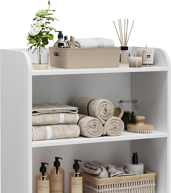 Homhedy Small Bathroom Storage Cabinet, Freestanding Toilet Paper Storage with 2 Doors and Shelves, Bathroom Organizers and Storage for Small Spaces, Laundry Room, 9.8" D x 19.7" W x 39.9" H, White
