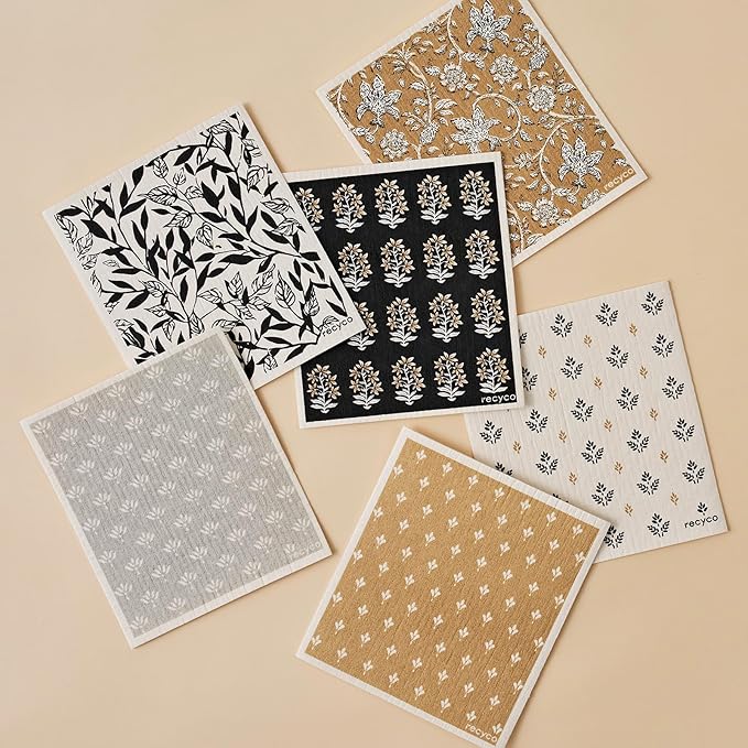 RECYCO Swedish Dishcloths for Kitchen | 6 Pack Heritage Florals Neutral Washable Dish Rags | Cellulose Reusable Cleaning Paper Towels | Absorbent Counter Dish Cloth Sponge Kitchen Wipes, 8" L x 7" W