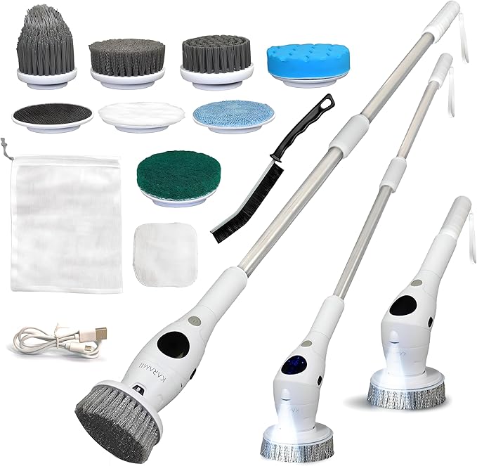 KARAMII Electric Spin Scrubber, Cordless Power Brush with 8 Multi-Functional Heads, 3 Adjustable Speeds, IPX7 Waterproof, LED Display, Long Handle (13.8"-51"), Perfect for Bathroom, Tile, Kitchen, Car