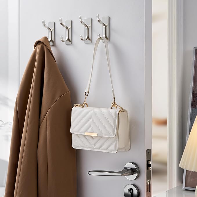 pickpiff Adhesive Wall Coat Hooks - Heavy Duty Stick-On Door Hanger, Metal Hook for Hanging Towel,Purse, Robe, Backpack, Jacket, Clothes - for Bathroom,Dorm, Closet, Kitchen - Brushed Silver, 10 Pack