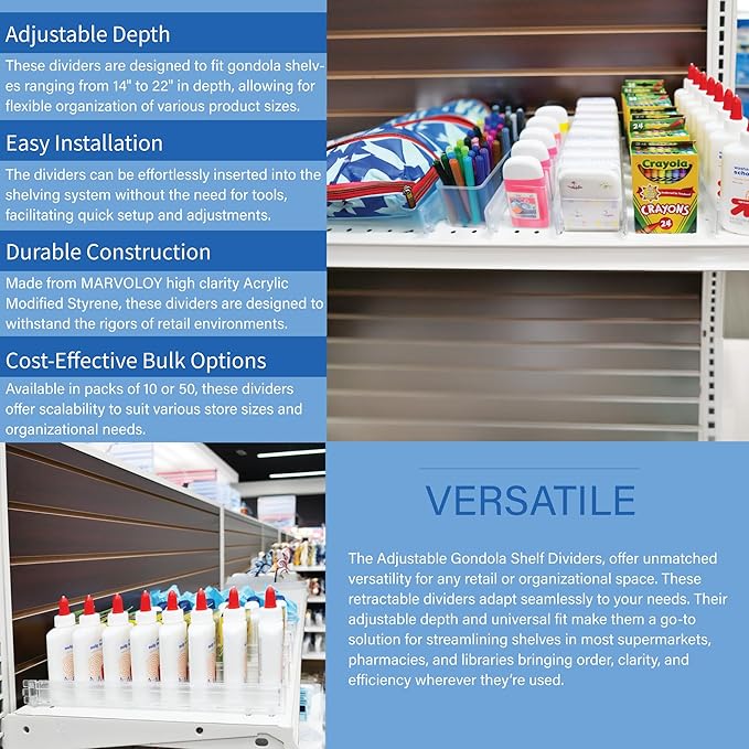 STORE FIXTURES DIRECT Adjustable Gondola Shelf Dividers - Retracting Item Organizer for Shelves 14" to 22" D - 50 Pack