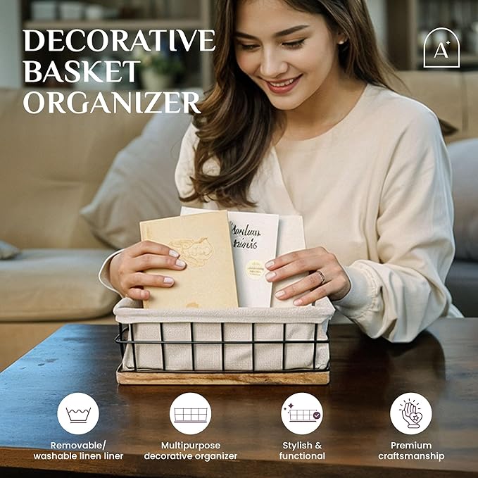 Metal Baskets for Organizing - Black Metal Basket with Liner, Wire Bin Wooden Decorative Baskets for Home Decors, Bathroom Decor Sets & Kitchen Decor, Wire Basket with Liner (Large)