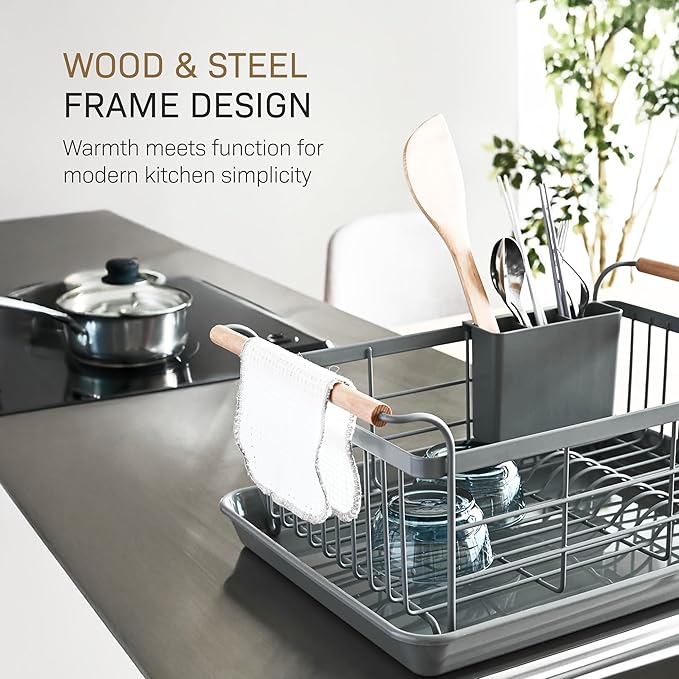 Yamazaki Home Sink Removeable Drainer Tray, Kitchen Drying Organizer Holder, One Size, White Steel + Wood | Dish Rack, Gray
