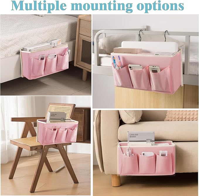 Bedside Caddy / Bedside Storage Organizer Hanging Bag with Three Options,Suitable for home beds, sofas, and dormitory beds—can hold magazines, books, phones, iPads, remote controls. (2-Pack Pink)
