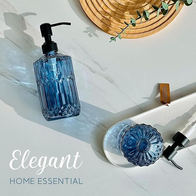 JASAI 18Oz Blue Soap Dispenser with Black Rust Proof Pump, Refillable Bathroom soap Dispenser with Thick Glass, Kitchen Soap Dispenser for Hand soap & Dish Soap.(Blue)