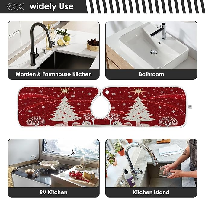 2 Pack Faucet Splash Catcher Christmas Tree Sink Mat for Faucet Absorbent Kitchen Splash Guard Drip Catcher for Farmhouse Barthroom Bar, S