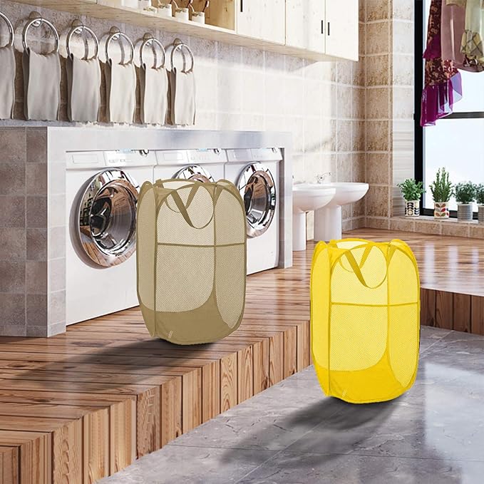 Mesh Pop up Laundry Hamper, Foldable Clothes Hamper Laundry Basket for Rooms, Apartment, College Dorm or Travel, Yellow