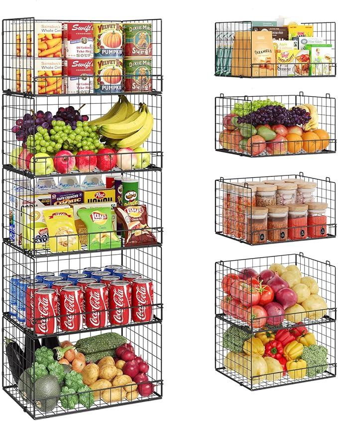 5 Pack Stackable Wire Baskets for Pantry Organizers and Storage, Large Pantry Baskets for Snack Organizer, Foldable Metal Storage Bins for Organizing Snack Can Fruit Vegetable & Toy