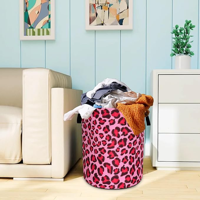 Pink Leopard Laundry Basket Oxford Cloth Funny Cheetah Skin Laundry Hamper With Handle Foldable Portable Clothes Storage Basket 18.9 X 16.5 In Storage Bag For Laundry Room/Bathroom/Bedroom/Dormitories