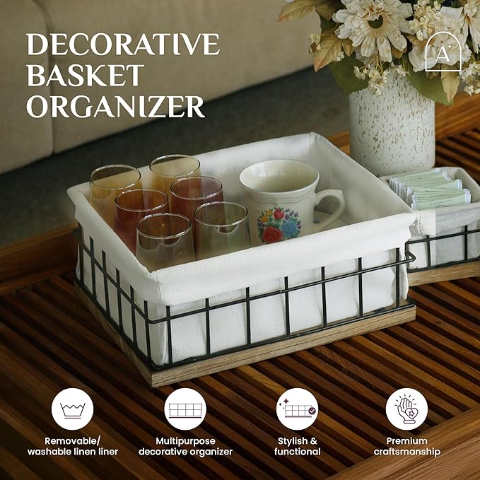Metal Baskets for Organizing - Toiletries Black Metal Basket with Liner, Wooden Decorative Baskets for Home Decors, Bathroom Decor & Kitchen Decor, Bin Wire Basket Storage (X-Large)