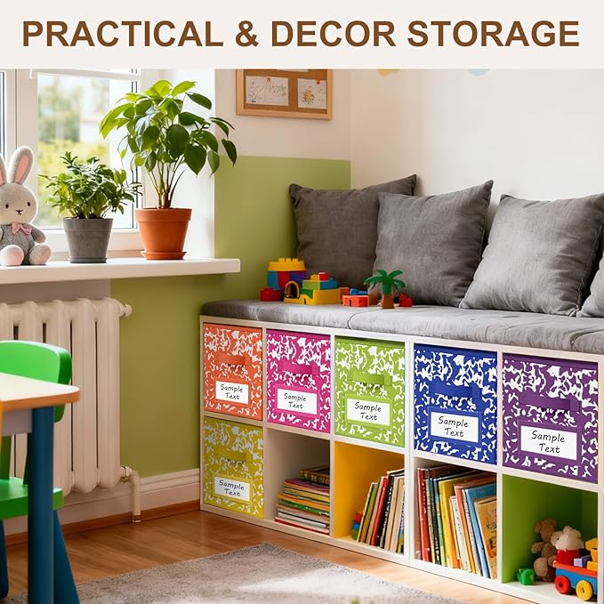 LemonRoad 6 Fabric Storage Cube 11 Inch Foldable Marble Storage Bin with Label for Organizing Pantry, Toy Box, Clothes Closet Collapsible Basket for School Organizing with Handle(Rainbow, Label Style)