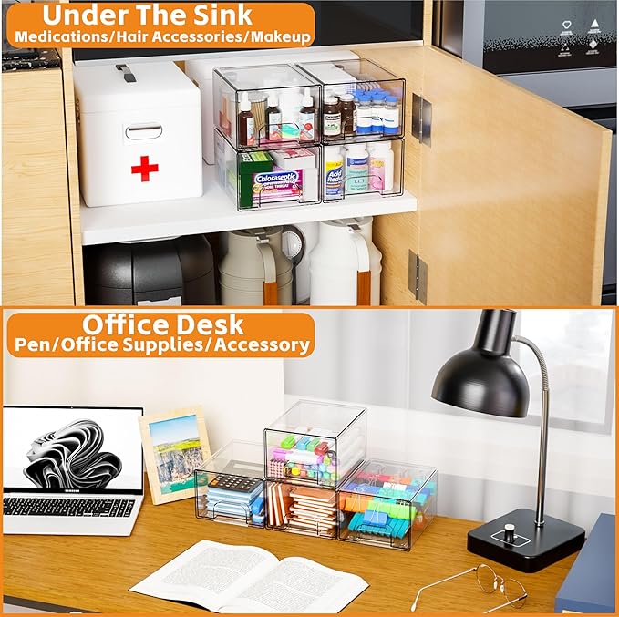 Yieach 4 Pack Clear Stackable Storage Drawers,4.4'' Tall Acrylic Drawer Containers for Organizing,Bathroom Organizers and Storage Bin Box,Plastic Makeup,Medicine Organizer Bins for Cabinet,Undersink