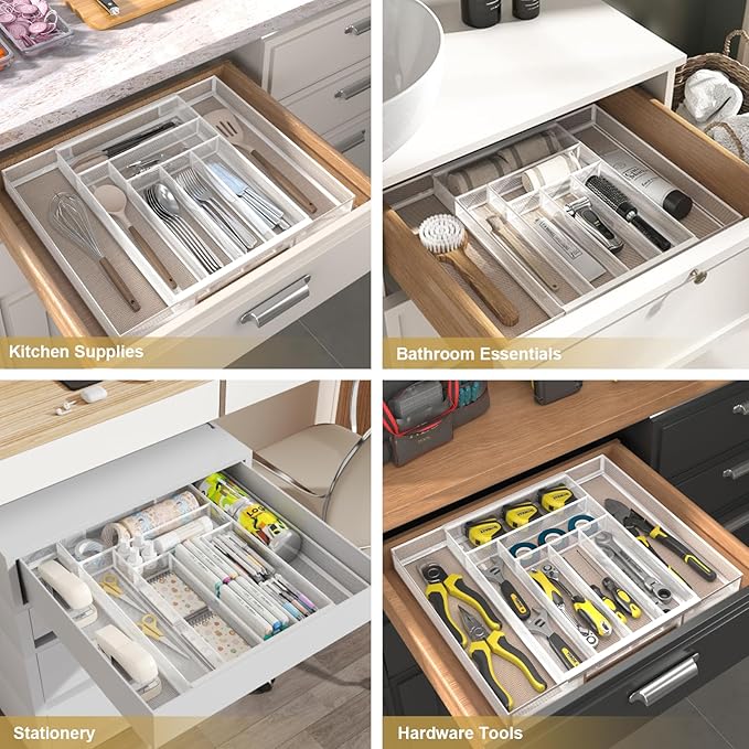 Silverware Organizer Metal Mesh, Large Drawer Organizer, Utensil Cutlery Tray for kitchen drawers, Expandable Flatware Organizer with 8 Compartment White 11.6"~20" x 17.3"