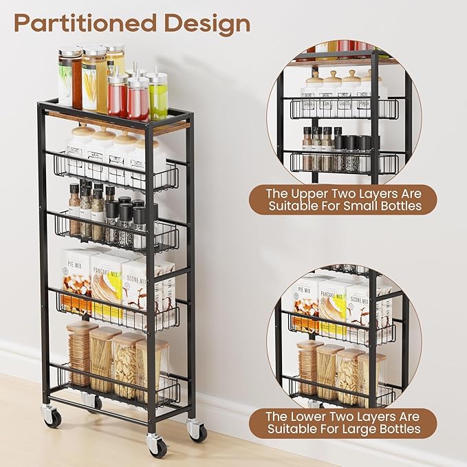 Slim Rolling Cart Kitchen Utility Cart, Narrow Kitchen Cabinet with 4 Pull-Out Baskets - Versatile Rolling Storage Cart for Spices, Pantry & Bathroom Organization (Dark Black)
