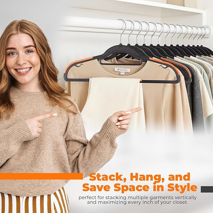 Plastic Hangers 50 Pack, Cascading Slim Space Saving Clothing Hangers with 360° Rotating Hook, Non Slip Clothes Hangers for Sweater Shirt, Heavy Duty Coat Hanger with Inner Hook for Closet, Black