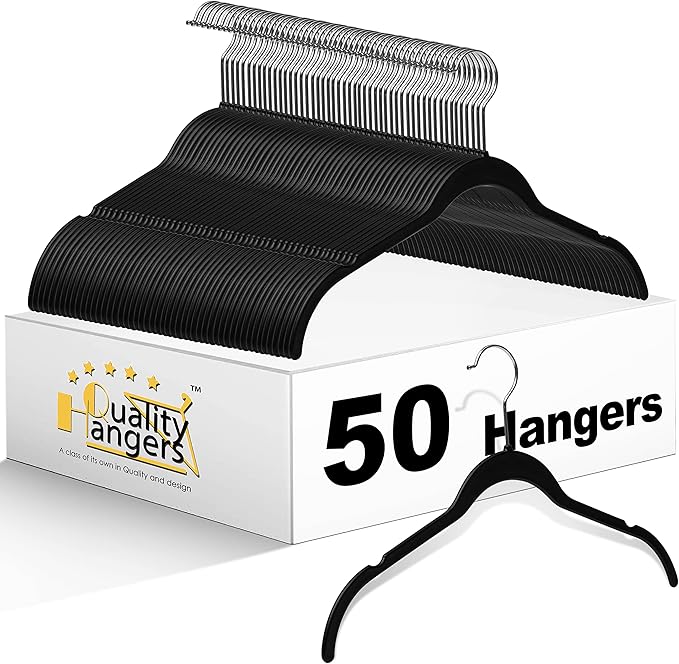 Quality Hangers Clothes Hangers 50 Pack - Non-Velvet Plastic Hangers for Clothes -Heavy Duty Coat Hanger Set -Space-Saving Closet Hangers with Chrome Swivel Hook, Non-Flocked Hangers (50, Black)