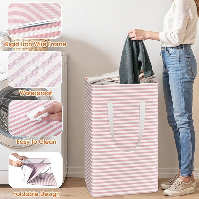 3 Pack Large Laundry Basket,Waterproof & Freestanding Laundry Hamper,Collapsible Clothes Hampers with Easy Carry Long & Reinforced Handles in Bathroom,College Dorm(100Lx3,Pink)