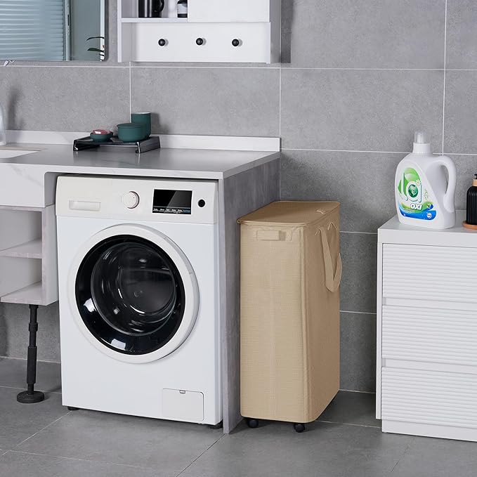 Slim Laundry Hamper with Lid and Wheels, Small Rolling Laundry Basket with Handle for Small Spaces, Tall Dirty Clothes Hampers for Dorm, Bathroom and Bedroom, 75L, Oatmeal